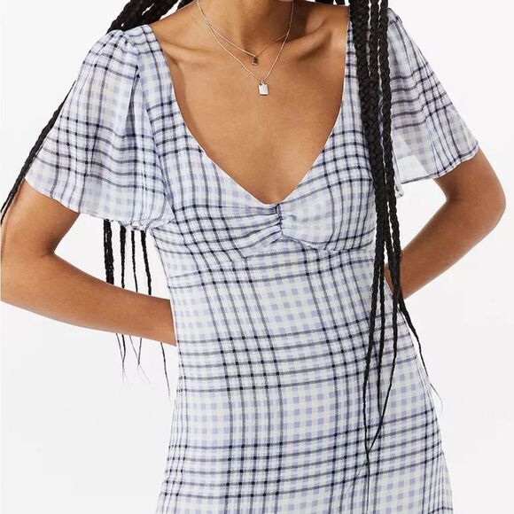 Urban Outfitters Spring Showers Blue Plaid Chiffon Dress Size Med Preppy - Picture 2 of 11